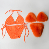 Vente en gros de maillots de bain deux pièces pour femmes en fausse fourrure de renard maillots de bain solides soutien-gorge sous-vêtements fendus triangle carnaval Bikini ensemble