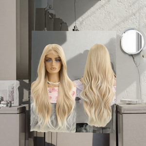 Perruque synthétique blonde ondulée avec dentelle frontale, longue et dégradée, sans colle, dentelle française transparente, haute densité, résistante à la chaleur, naturelle - Product Image 2
