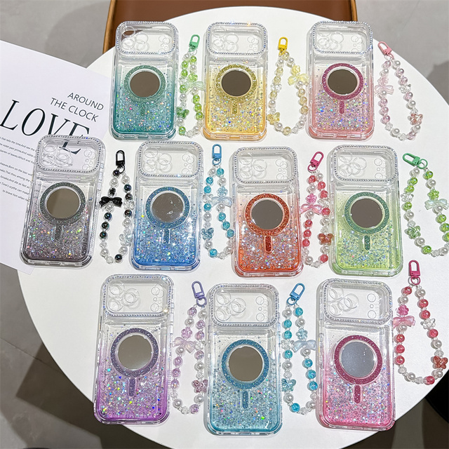 3D Colorful Peal Bracelet Wrist Rope Diamond Lens Mirror Back Cover Gilry Phone Case for iPhone 18 Pro Max 17Air 16 15 Plus