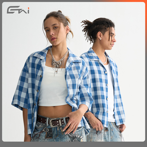 Blue Boxy Cropped Metal Button up T Shirt Logotipo bordado personalizado 100% Cotton Checkerboard Denim Shirt para hombres - Product Image 5