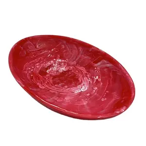 Handmade quality acrylic resin tableware oval shape cold food fruit salad bowl with marble texture and aqua swirl pattern