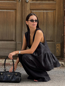 Women's 2 Piece Linen Outfit Sleeveless V Neck Peplum Top & Wide Leg <b>Pants</b> Set Casual <b>Summer</b> Tracksuit - Product Image 5