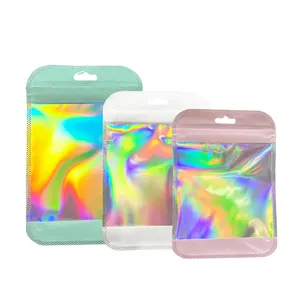 Farben holo graphische Verpackung Taschen OEM Zip Lock Verpackung klare Plastiktüte Hologramm rosa grün weiß Reiß verschluss beutel