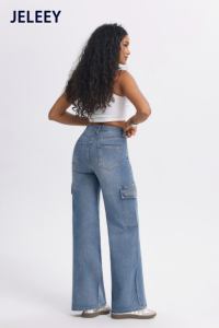 Jean cargo pour femme à taille haute, coupe ample et jambe droite - Style confortable et polyvalent - Product Image 2