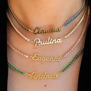 QIUHAN-Colgante de cadena de tenis con nombre personalizado, joyería de acero inoxidable brillante, OEM