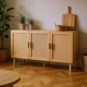 Meuble d'appoint bohème à 3 portes avec étagères réglables en rotin, rangement de cuisine, meuble autoportant naturel pour salon - Product Image 2