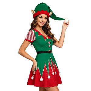 Costume de Noël d'elfe à manches courtes pour adulte, ensemble de déguisement avec chaussettes rayées mi-cuisses pour femme, bonnet de Père Noël, lavage à <span class=keywords><strong>la</strong></span> main uniquement, TV & Cinéma - Product Image 6