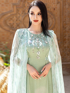 Vestido Largo <span class=keywords><strong>Verde</strong></span> Menta con Adornos Aplicados a Mano, Moda Modesta OEM/ODM, Textura Lujosa con Cristales, Alta Calidad, para Eid - Product Image 3
