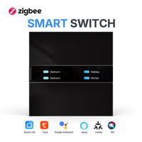 Sakelar Dinding Pintar Tuya Zigbee, Tampilan Nama Tombol Cuaca dan Waktu, Kaca Temper Hitam dengan Sentuhan Lembut, Kontrol Sentuh Tanpa Kabel Fasa
