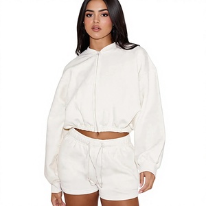 Wholesale Streetwear 300 GSM 100% Cotton Fleece Women's Oversized Full Zip Cropped Hoodie & <b>Sexy</b> Hot Shorts Lounge 2 Pieces <b>Set</b> - Product Image 6