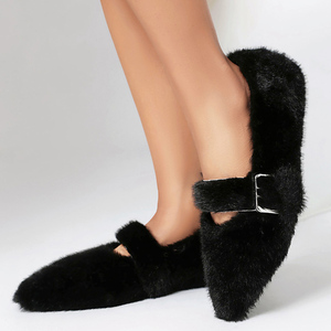 Big Size 45 Women Custom Styles Plush Fur <b>Sandals</b> Dress Pointed Toe Wide Fit Fluffy Furry Buckle Flat Shoes - Product Image 3
