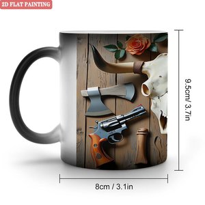 Mug en céramique noir givré de 11 oz, tasse magique changeante de couleur avec motif de crâne occidental et pistolet, peinture 2D plate - Product Image 1