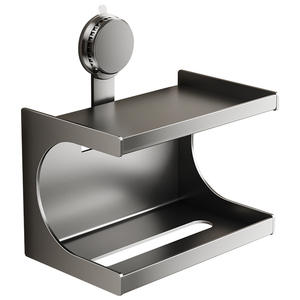 Support mural multifonctionnel pour boîte à mouchoirs et papier toilette avec plateau pour téléphone, fixation par ventouse sans perçage pour salle de bain - Product Image 2