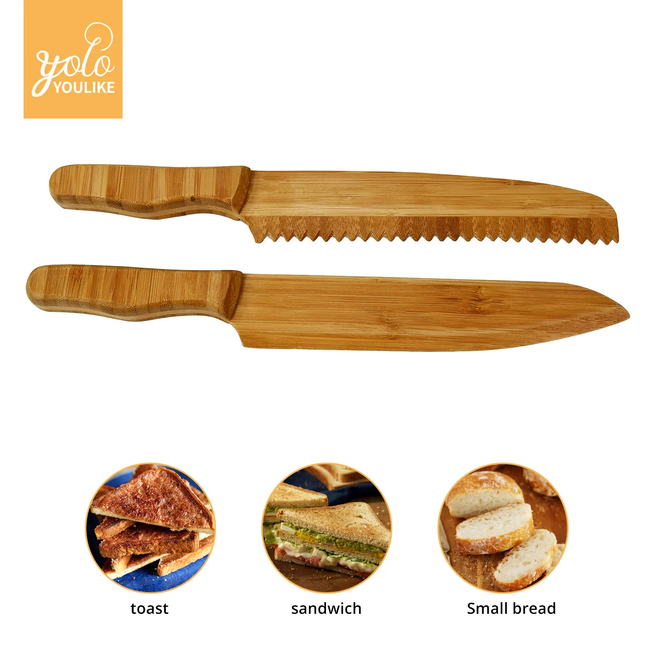 Youlike Recyclable Chef Knives and Serrated 8" Cheese Bread Bamboo Knife Set Wood 2 PCS Cordless Automatic Electric