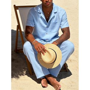 FOXA Mens 2 Piece Summer Outfit Cotton Button <b>Down</b> Shirt Loose Pants Set Breathable Beach Casual Wear - Product Image 4