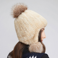 Gorros de invierno de punto de piel de visón genuino para mujer, Gorro con pompón de piel, gorro de bombardero, gorro de esquí de nieve Ushanka Trapper