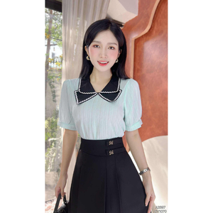 Camicetta da Donna in Modal a Maniche Corte Raglan per Tutte le Stagioni <span class=keywords><strong>con</strong></span> Colletto a <span class=keywords><strong>Fiocco</strong></span> Nero, Top Formale Tinta Unita Prodotto in Vietnam ODM - Product Image 1