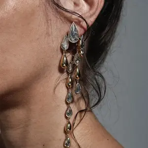 XINA 2022 Australian designer long diamond crystal tassel earrings brass plated real gold drop rhinestone 14k gold earrings