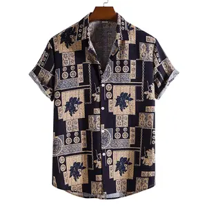 Hot Sale Herrenmode Trend Baumwolle und Leinen bedruckt Kurzarm Herren hemden Baumwolle Leinen Shirt