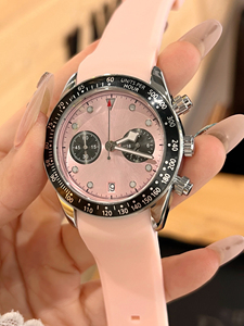 Women's Pink Silicone Strap Chronograph Quartz <b>Watch</b> Stainless Steel Case Analog Dial 40mm Elegant Fashion Design - Product Image 1