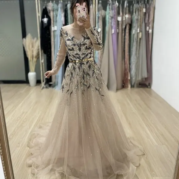 Gorgeous Beading Embroidered Illusion Ball Gowns Female Long Sleeves Sequin Tulle Evening Dresses For Women Wedding Party