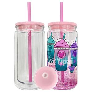 Gobelet en plastique transparent à double paroi, sans BPA, 12 oz à l'intérieur, 16 oz à l'extérieur, avec trou pré-percé et bouchon en silicone - Product Image 1