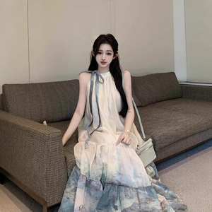 เดรสยาวทรงเอไลน์ผ้าชีฟองแบบผูกคอ ดีไซน์ลายปะติดระบายอากาศได้ดี ช่วงเอวหลวม ใส่คลุมชายหาดได้ - Product Image 4