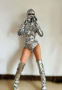 Nouveau bar fille haute fente une pièce Sexy <span class=keywords><strong>gros</strong></span> seins montrer taille Performance Costume paillettes miroir danse Costume argent - Product Image 2