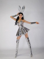 Robe courte en cuir argenté sexy avec strass pour femmes, accessoire de tête, vêtements de performance réfléchissants, danse en boîte de nuit, fête, scène
