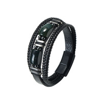 Bracelet en Cuir Double Couche Tendance pour Homme avec Breloques en Cuir et Perles en Pierre Œil de Tigre Naturel, Bracelet Magnétique pour Homme, Bijou