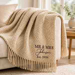 Personalized Knitted Throw Blanket with Custom Name & Date, Embroidered Textured Knit Blanket with Tassel Fringe - Product Image 1