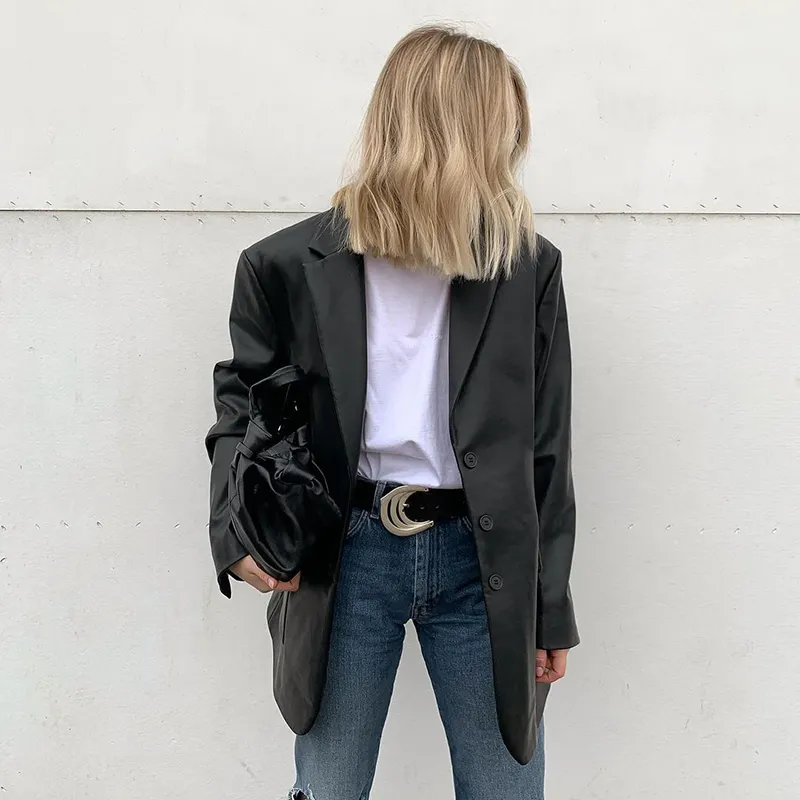 Lygens 2022 Autumn Winter Women Black Pu Long Sleeve Single-Breasted Fake Leather Blazer Jacket Belt Streetwear Fashion Coats