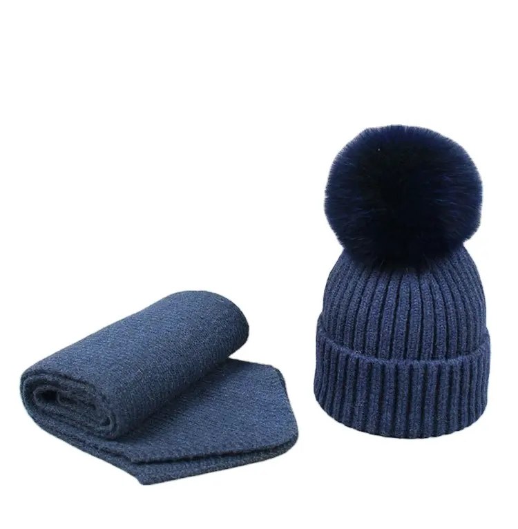 Winter warm knitted Wool hats ladies real fox raccoon fur pom pom hat scarf set ski muffler Beanies hat for women