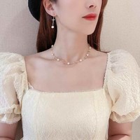 Hecho a mano 6-7MM agua dulce Akoya perla collar pendientes anillo conjunto nuevo Popular chapado en oro joyería para fiestas