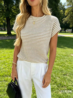 Nouveau T-shirt court tricoté à manches courtes style européen et américain 2026 pour femme, col rayé, amincissant, sportif, croisé, toutes saisons