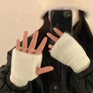 New Mink Fleece Half <b>Finger</b> <b>Gloves</b> for Women Soft Winter Warmth Luxury Solid Color Plush Knitted Fingerless <b>Gloves</b> - Product Image 2