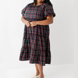 Vestido <span class=keywords><strong>Midi</strong></span> <span class=keywords><strong>de</strong></span> Otoño para Mujer, Diseño Personalizado, Estampado a Cuadros Rojos, Casual, Manga Corta, Cuello Elástico con Volantes, Estilo Línea A, Fluido, 3 Capas, Algodón y Poliéster - Product Image 2