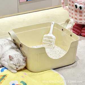 Cartoon Printed Cat Litter <b>Box</b>, <b>Extra</b> <b>Large</b>, Semi-Enclosed/Open Style, Kitten Litter <b>Box</b>, Cat Poop Bowl, Splash-Proof - Product Image 5