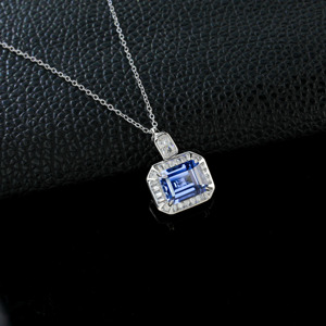 925 silver emerald cut sapphire pendant vintage collarbone chain - Product Image 3