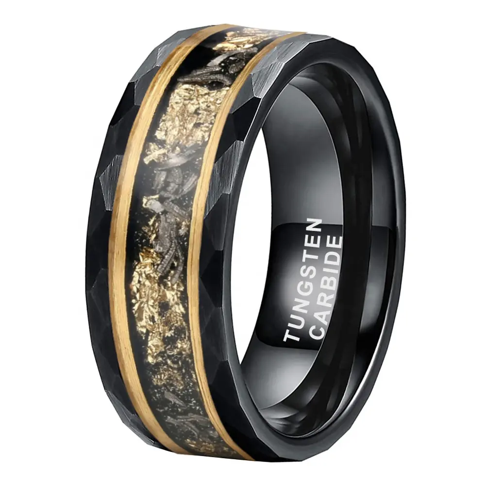 Coolstyle Jewelry 8mm Real Meteorite Chip Gold Foil Inlay Black Tungsten Ring for Men Women Fashion Engagement Wedding Band