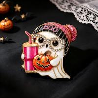 Épinglette fantôme en émail avec chapeau en tricot rose et broche en strass d'Halloween, avec accessoire citrouille pour la décoration de vêtements et de sacs