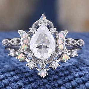 Teardrop Zirconia <b>Ring</b> With Moonstone Inlay Star And <b>Moon</b> Design For Women Everyday Wear Fine Jewelry - Product Image 1