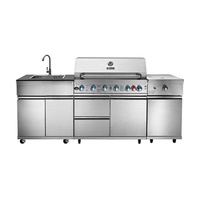 Îlot de cuisine extérieur en forme de L en acier inoxydable, barbecue modulaire, évier, réfrigérateur, brûleur latéral, plan de travail en granit pour jardin