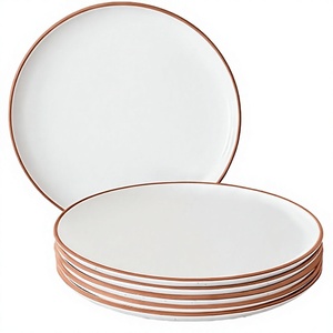 Assiette ronde en céramique mouchetée avec bord brun, idéale pour les dîners à la maison et la décoration de table - Product Image 3