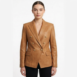 Blazer en cuir croisé pour femme, coupe ajustée, couleur camel, sur mesure, pour le bureau, fournisseur en gros - Product Image 1