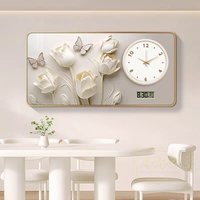 Lukisan Porselen Kristal Bunga Beige Mewah Terbaru 2026 dengan Jam Jarum Kalender, Dekorasi Rumah Floral untuk Ruang Tamu