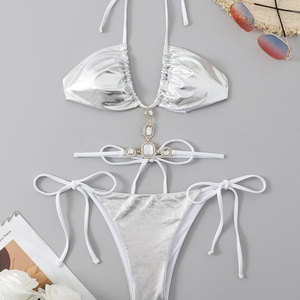 Lujo plata cristal Bling diamante Halter Bikini Conjunto 2 piezas Sexy traje de baño para las mujeres para la fiesta en la piscina - Product Image 2