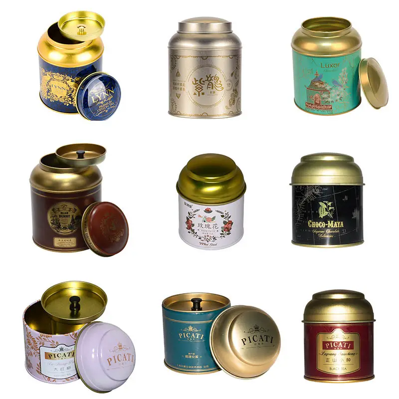 Venta al por mayor de varios tamaños de oro té Caddy lata de aluminio impreso caramelo café té Caddy lata de hojalata