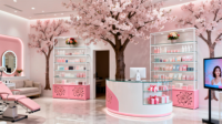 Lemari Pajang Kosmetik Mewah LED Custom dengan Kaca Temper, Baja Anti Karat, Tahan Air, Model Sakura untuk Pusat Perbelanjaan