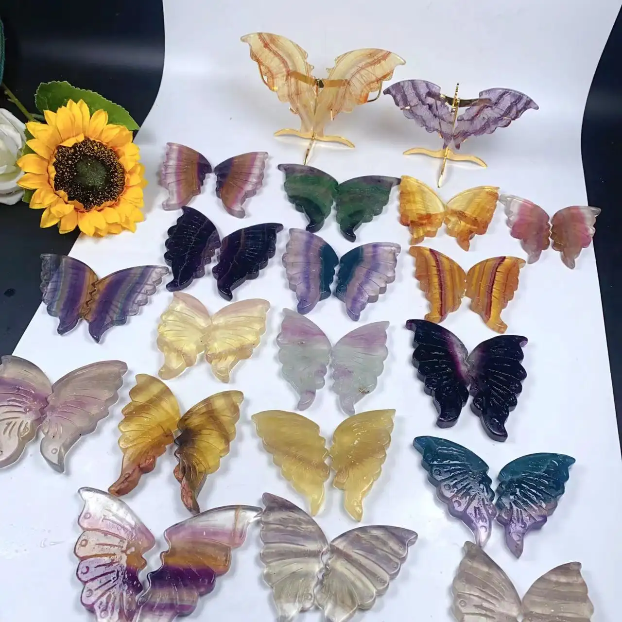 Commercio all'ingrosso naturale intagliato animale Fluorite farfalla cristallo intaglio artigianato per la decorazione dei regali